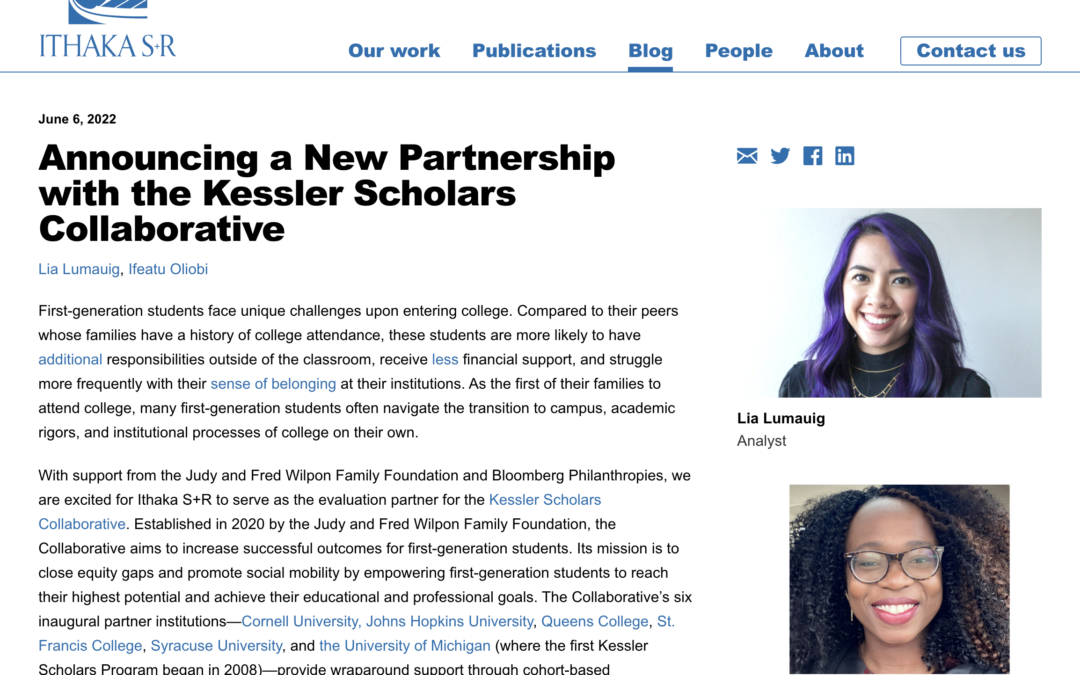 Ithaka S+R Announces a New Partnership with the Kessler Scholars Collaborative