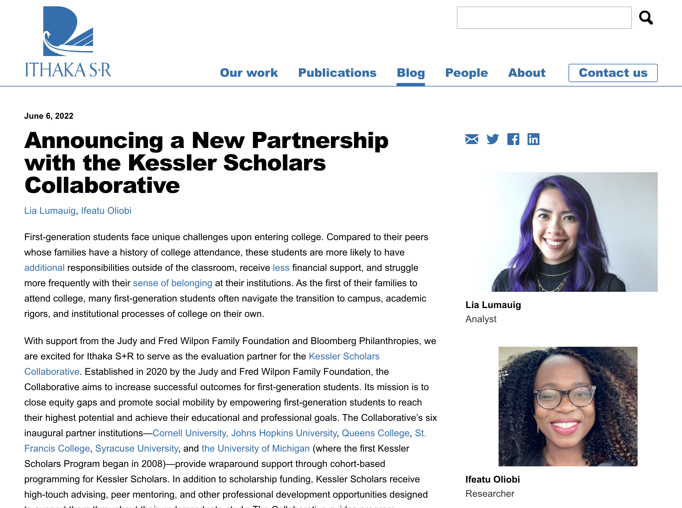 Ithaka S+R Announces a New Partnership with the Kessler Scholars Collaborative