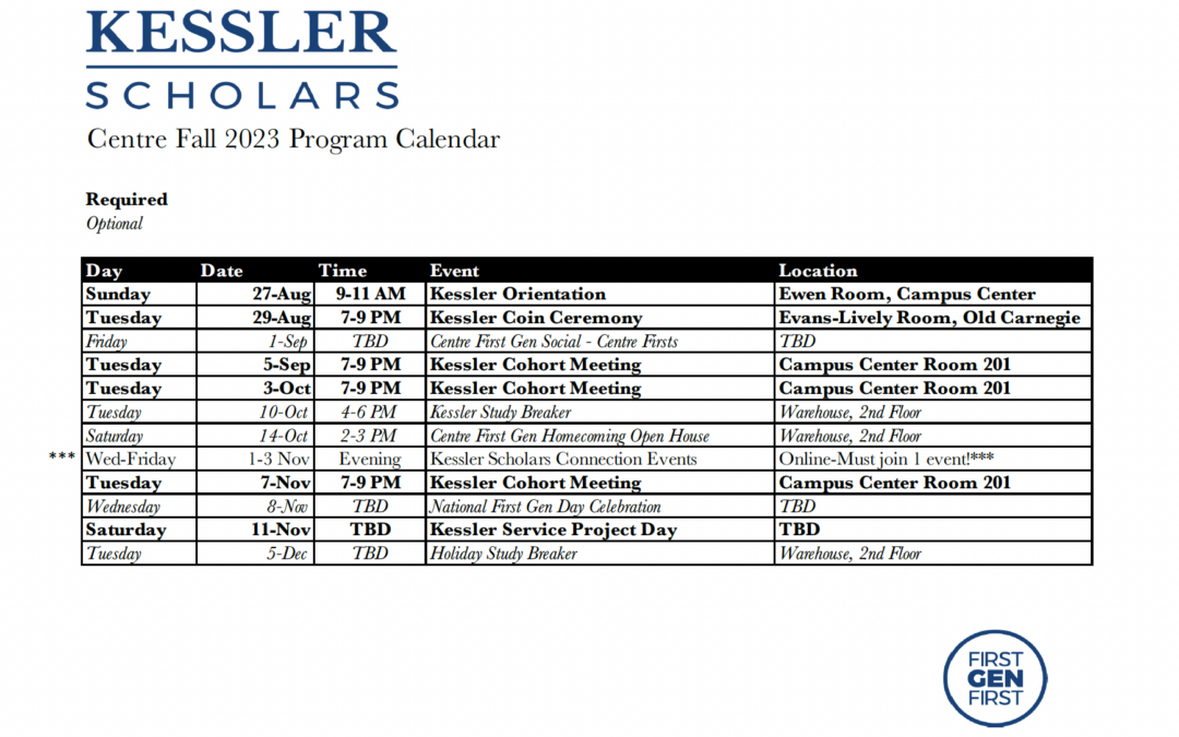 Example Program Calendar Centre College Fall 2023 Kessler Scholars